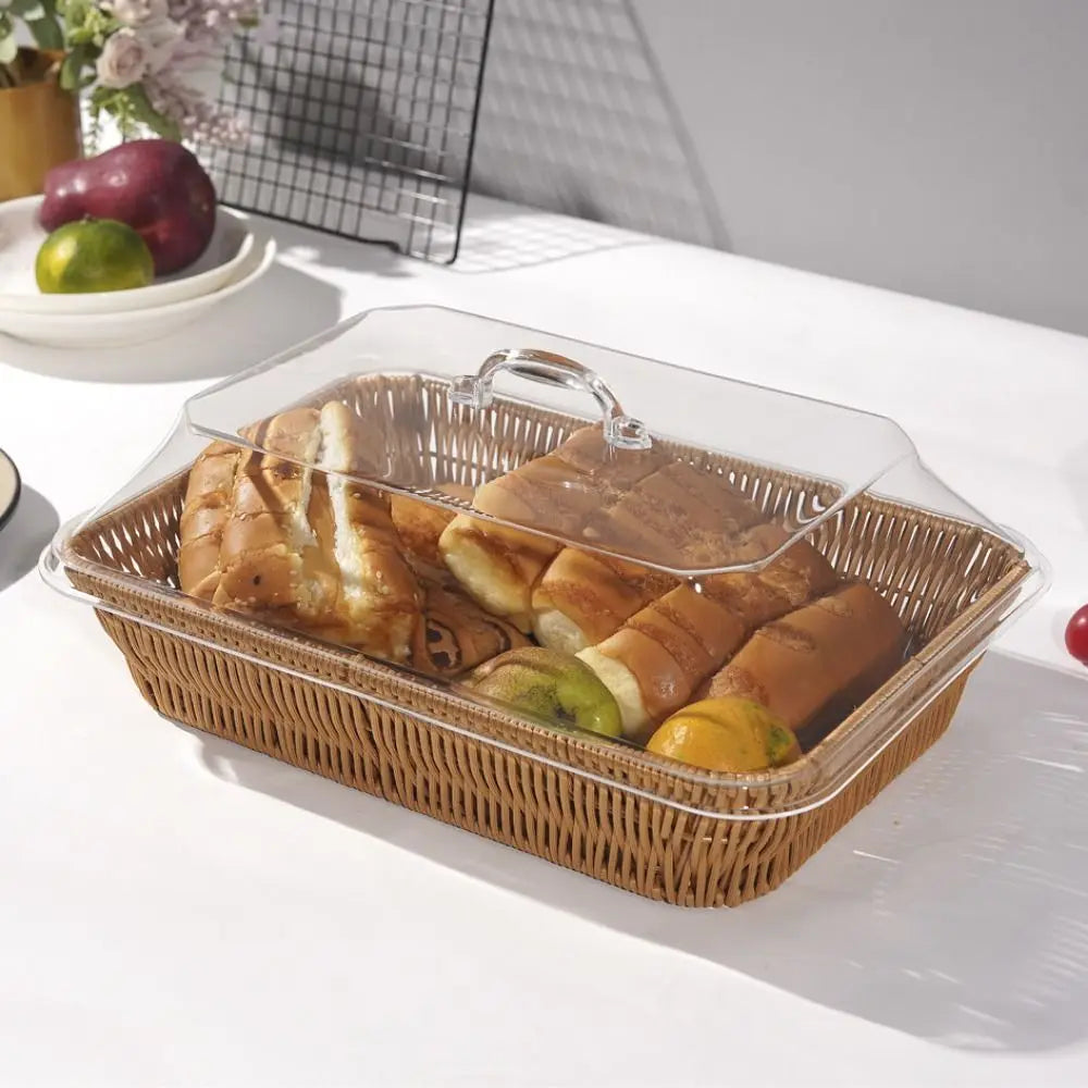 Rectangular Rattan Style Bread Basket with Clear Acrylic Lid for Food Storage and Serving