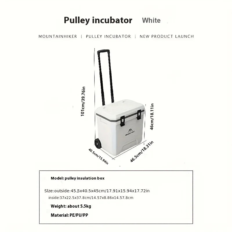 Portable 38L Insulated Cooler Box with Wheels Outdoor Trolley Refrigerator White for Camping BBQ