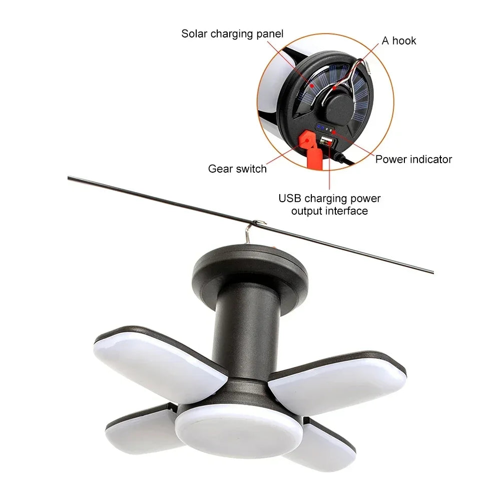 4-Leaf Solar USB Rechargeable LED Camping Lantern with Folding Panels and Hanging Hook
