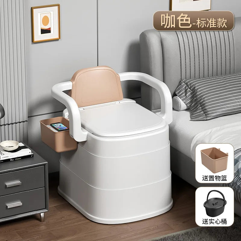 Portable Commode Chair Coffee Hard Seat Removable Bucket and Armrests for Home Care