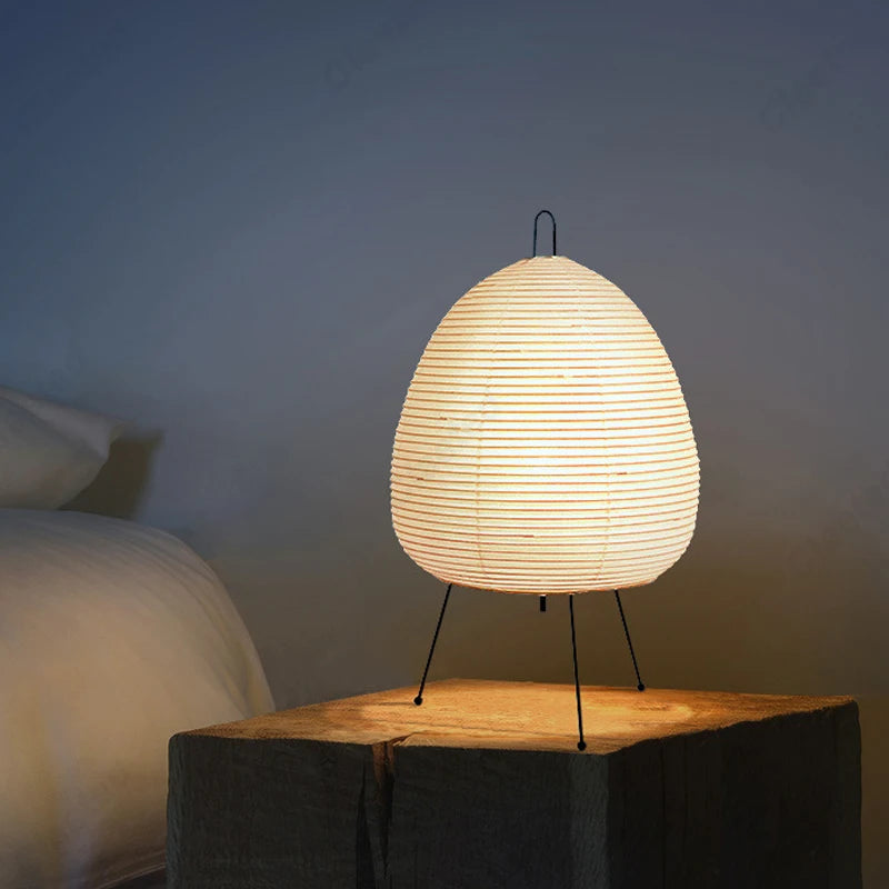 Japanese Style Paper Table Lamp LED Lantern Desk Light with Iron Tripod for Bedroom Living Room