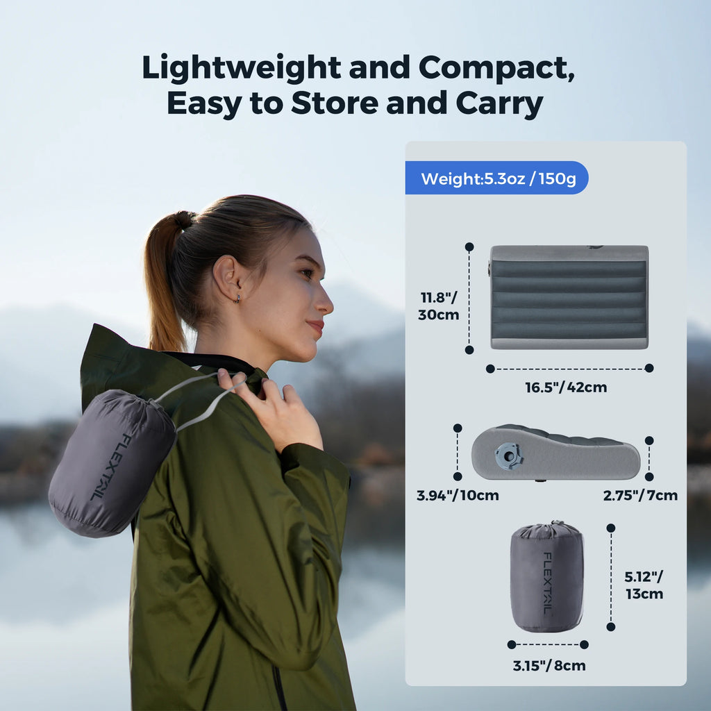 Inflatable Travel Pillow Gray Ergonomic Dual Support Lightweight Portable Pillow for Camping Travel and Home