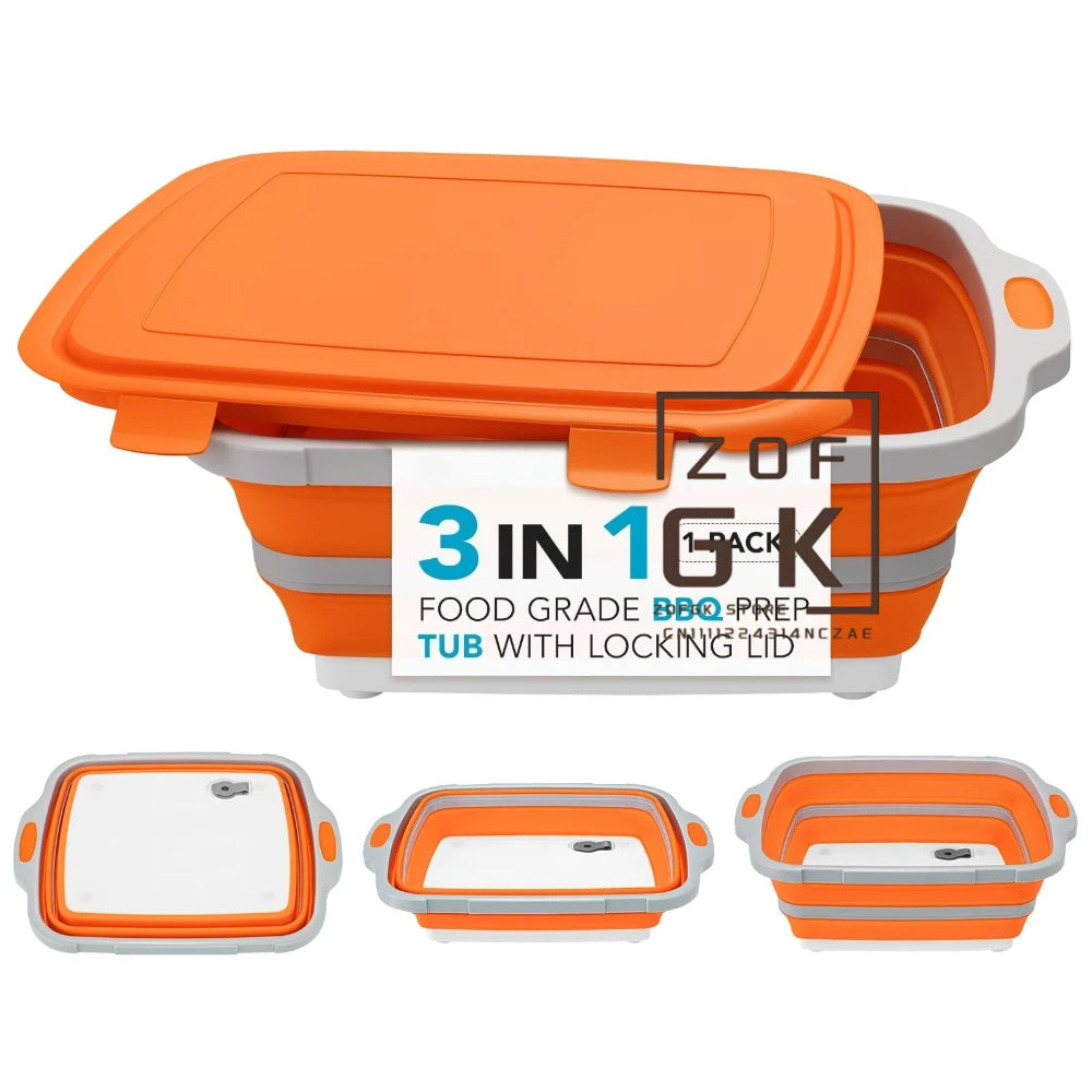 16L Collapsible Orange Food Prep Tub with Cutting Board Drain Plug for Camping BBQ and Outdoor Use