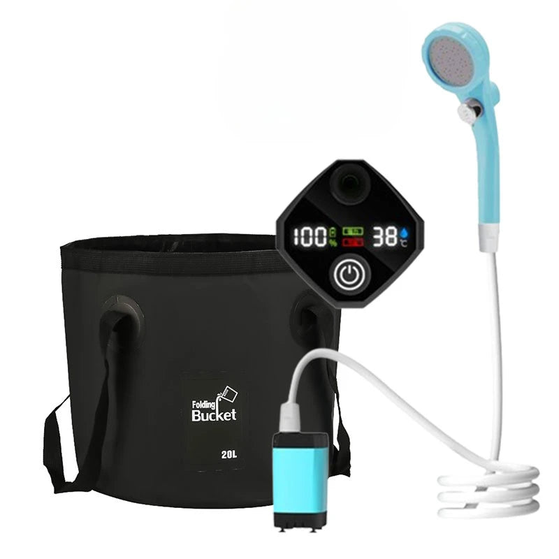 6000mAh Sky Blue Portable Camping Shower Rechargeable Outdoor Shower Kit with 20L Foldable Bucket and Pump