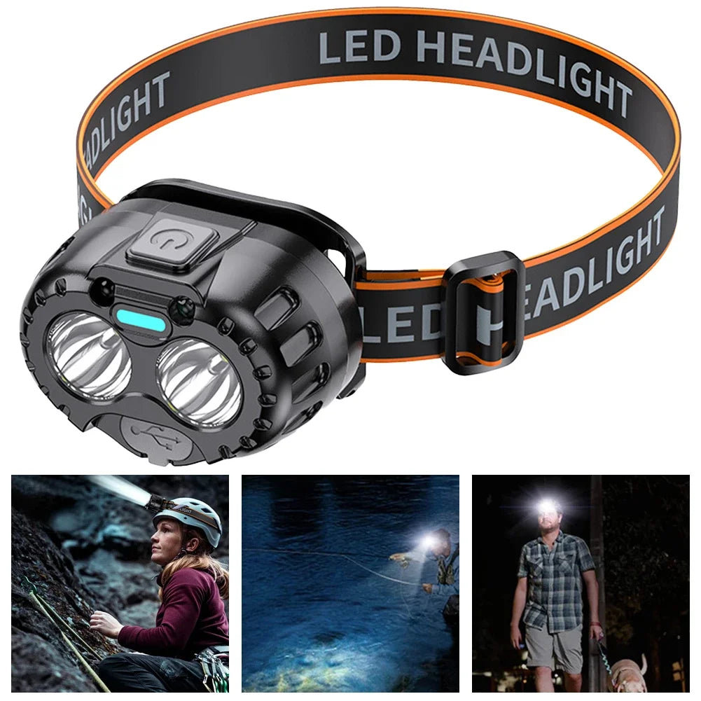 USB Rechargeable LED Headlamp 250LM with Motion Sensor IPX4 Waterproof for Camping Hiking