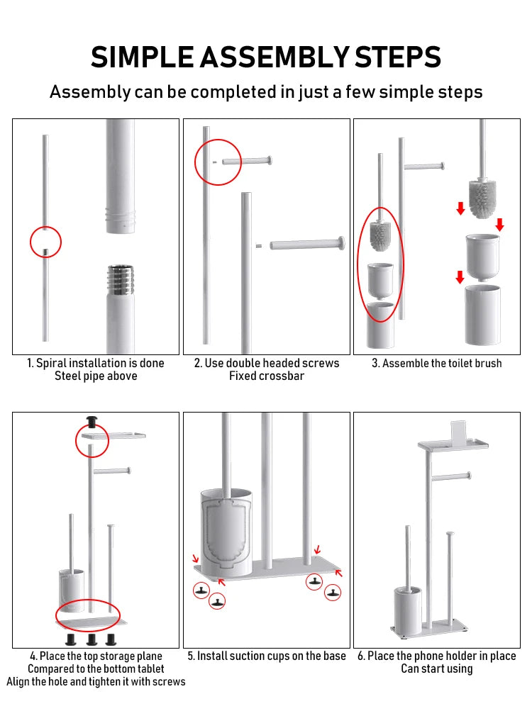 Floor Standing Toilet Paper Holder Stand with Brush and Phone Shelf Storage Rack White