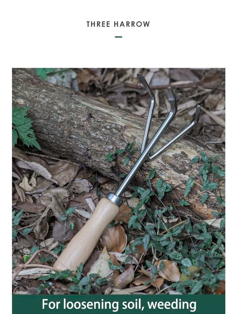 Garden Hand Three Harrow Heavy Duty Stainless Steel Wooden Handle Cultivating Tool for Planting and Weeding
