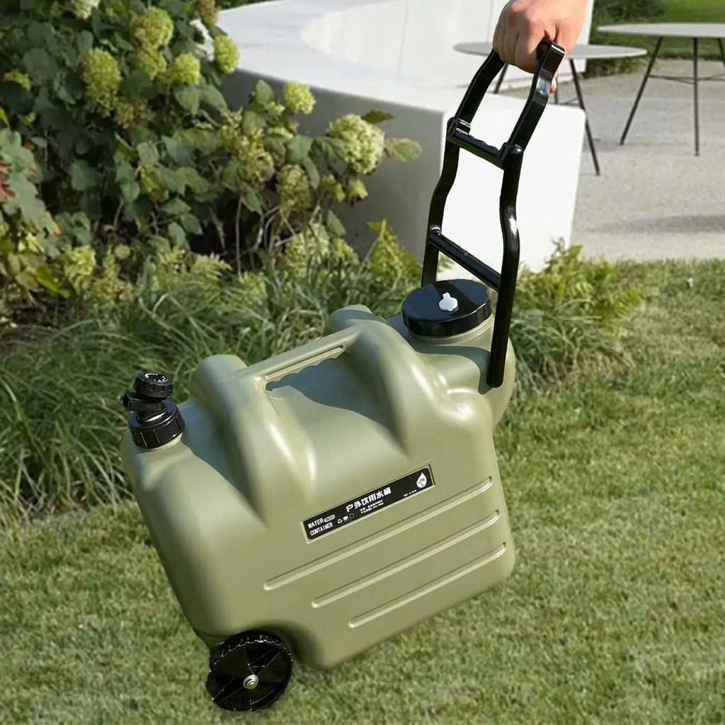 Portable 28L Green Water Storage Container with Wheels Tap and Screw Lid for Camping Travel