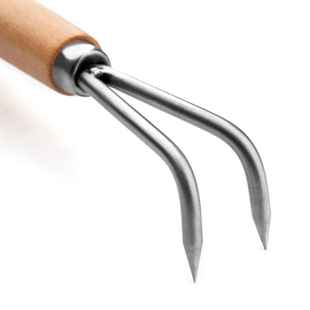 Two Hook Bonsai Root Hook Wooden Handle Alloy Steel Soil Loosening Tool for Repotting and Weeding