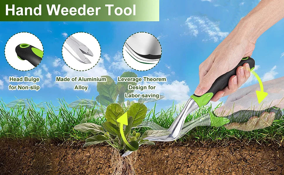 Hand Weeder Tool Green Aluminium Alloy Weed Puller with Ergonomic Handle for Garden Lawn and Farmland