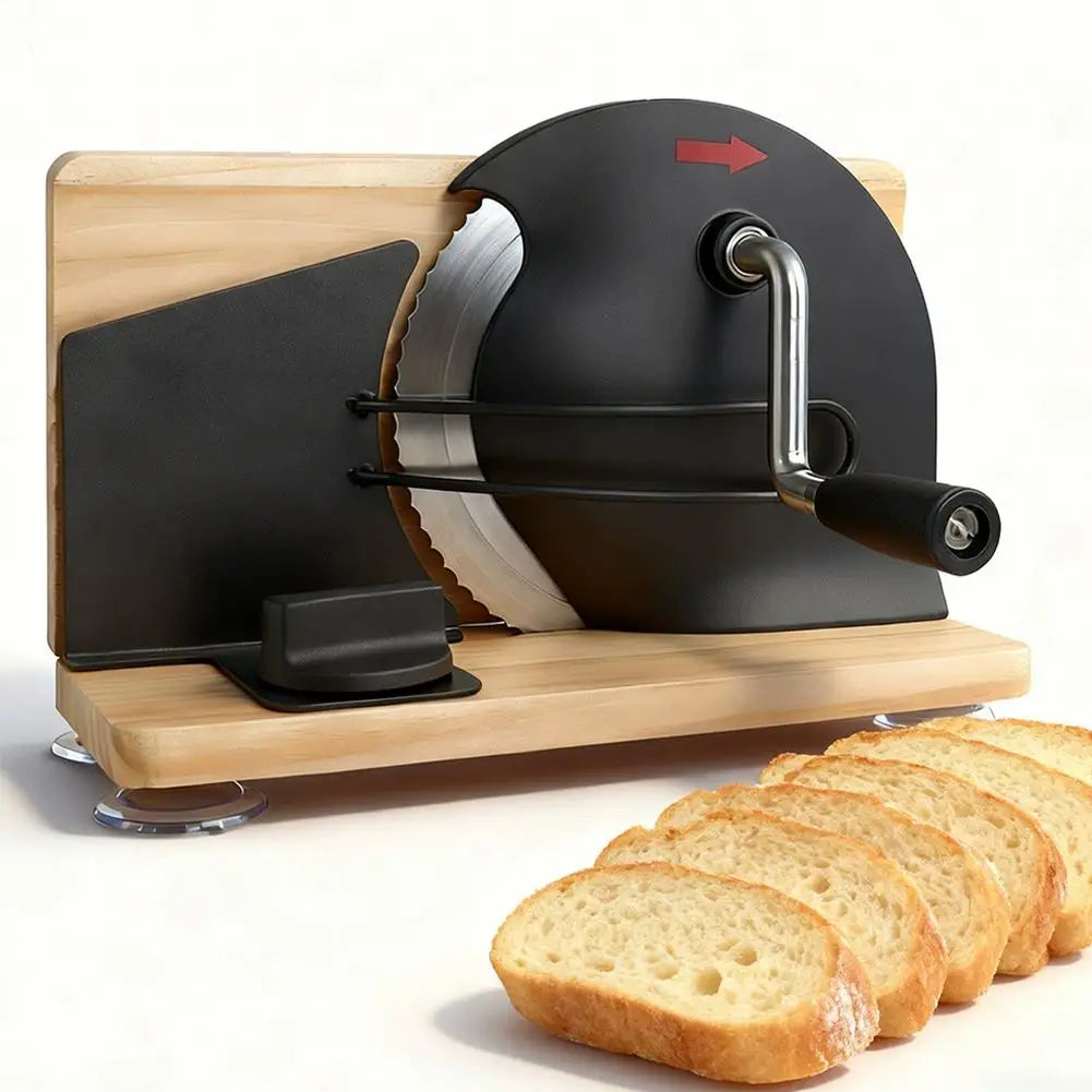 Black Manual Bread Slicer with Adjustable Thickness Stainless Steel Blade and Hand Crank