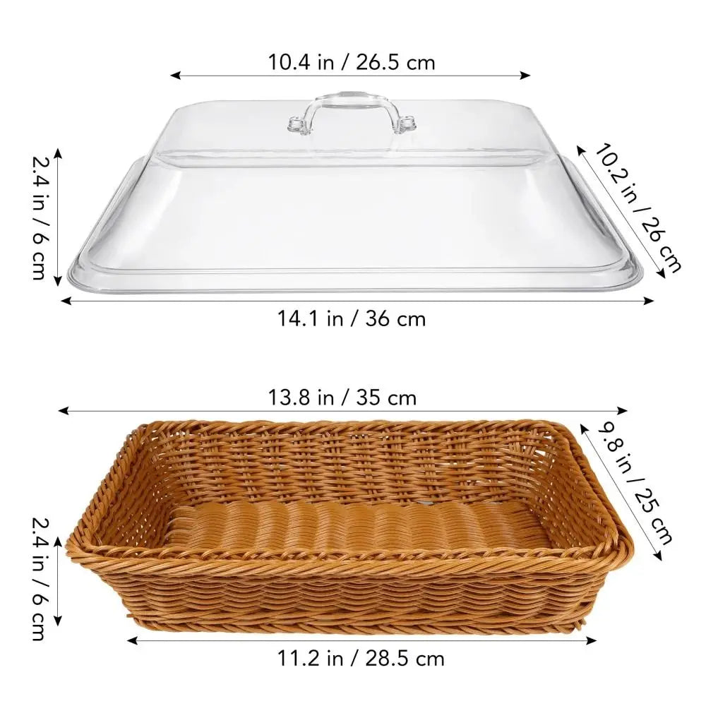 Rectangular Rattan Style Bread Basket with Clear Acrylic Lid for Food Storage and Serving