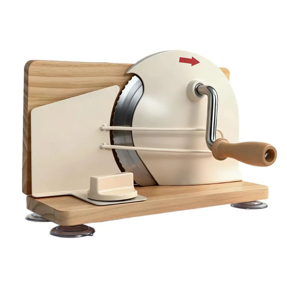 Beige Manual Bread Slicer with Adjustable Thickness Stainless Steel Blade and Hand Crank