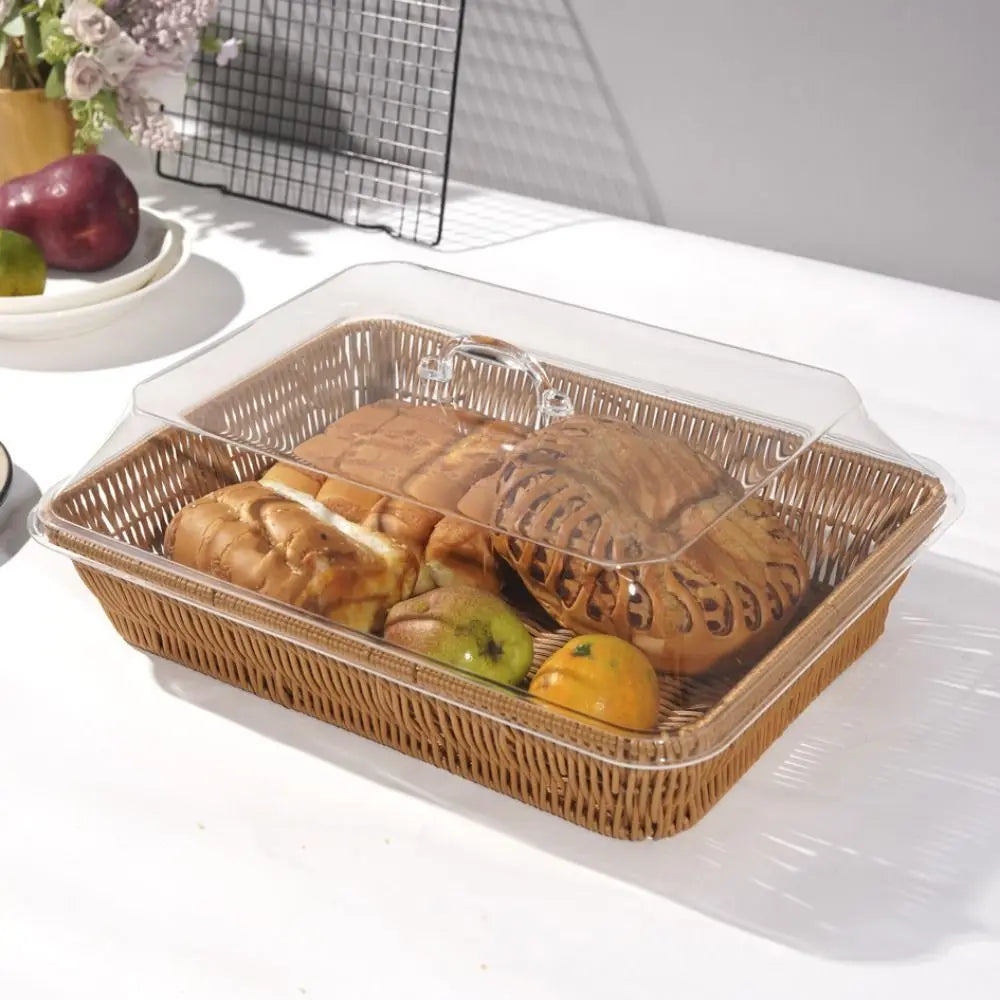 Rectangular Rattan Style Bread Basket with Clear Acrylic Lid for Food Storage and Serving
