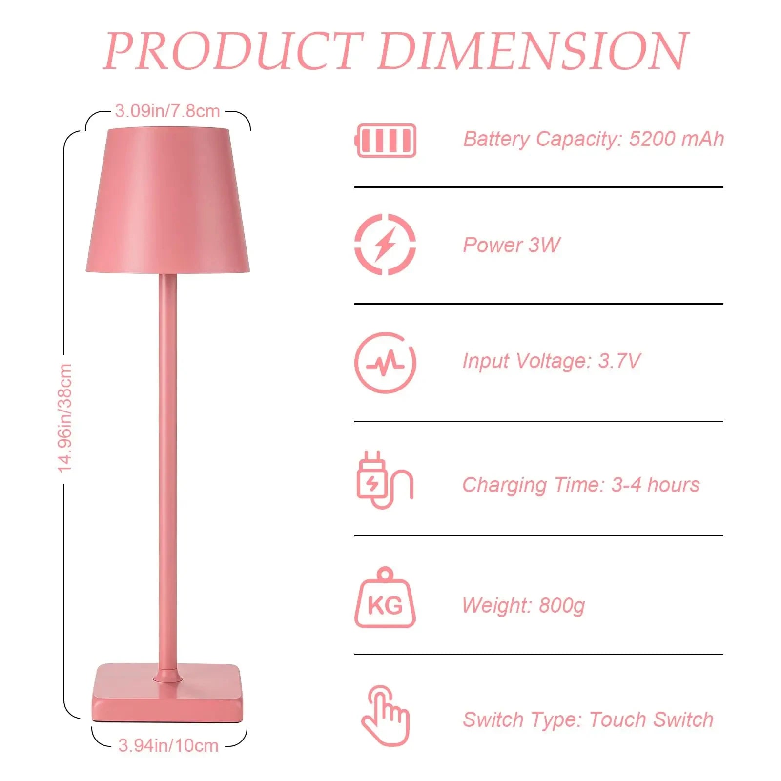 LED Touch Pink Table Lamp 3 Color Dimmable USB Powered Desk Bedside Light