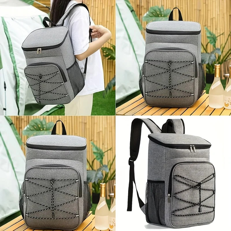 Large Capacity Gray Insulated Backpack Lunch Bag with Multiple Compartments for Camping Picnics and Travel