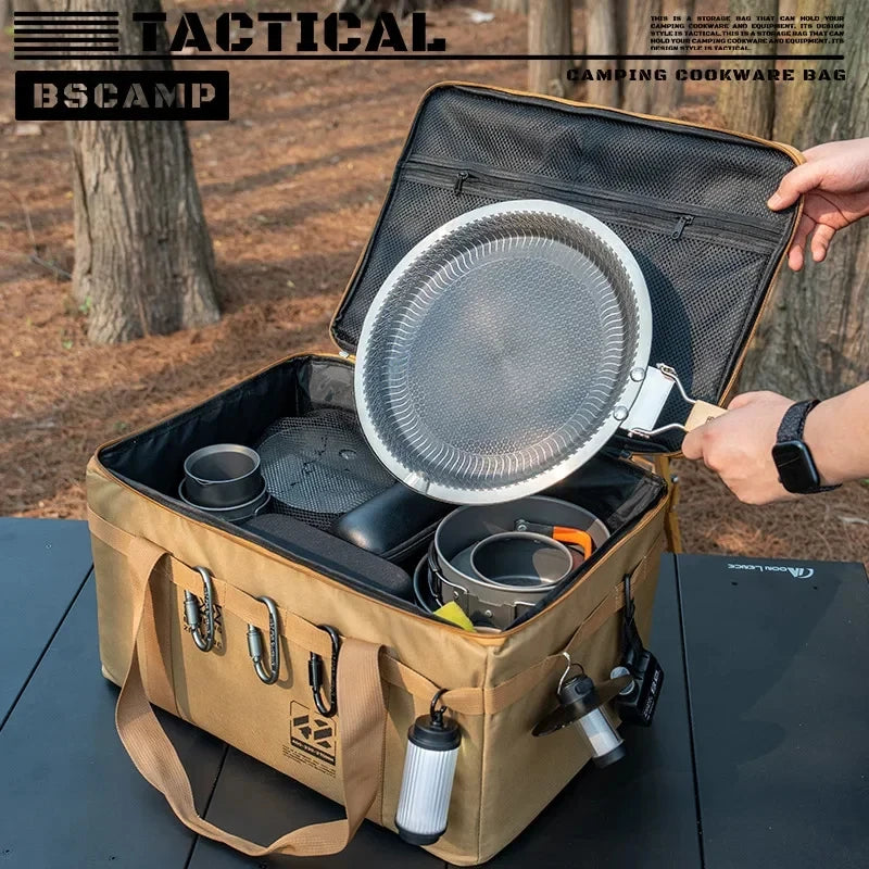 30L Portable Khaki Camping Storage Bag with Adjustable Dividers for Picnic and Outdoor Gear