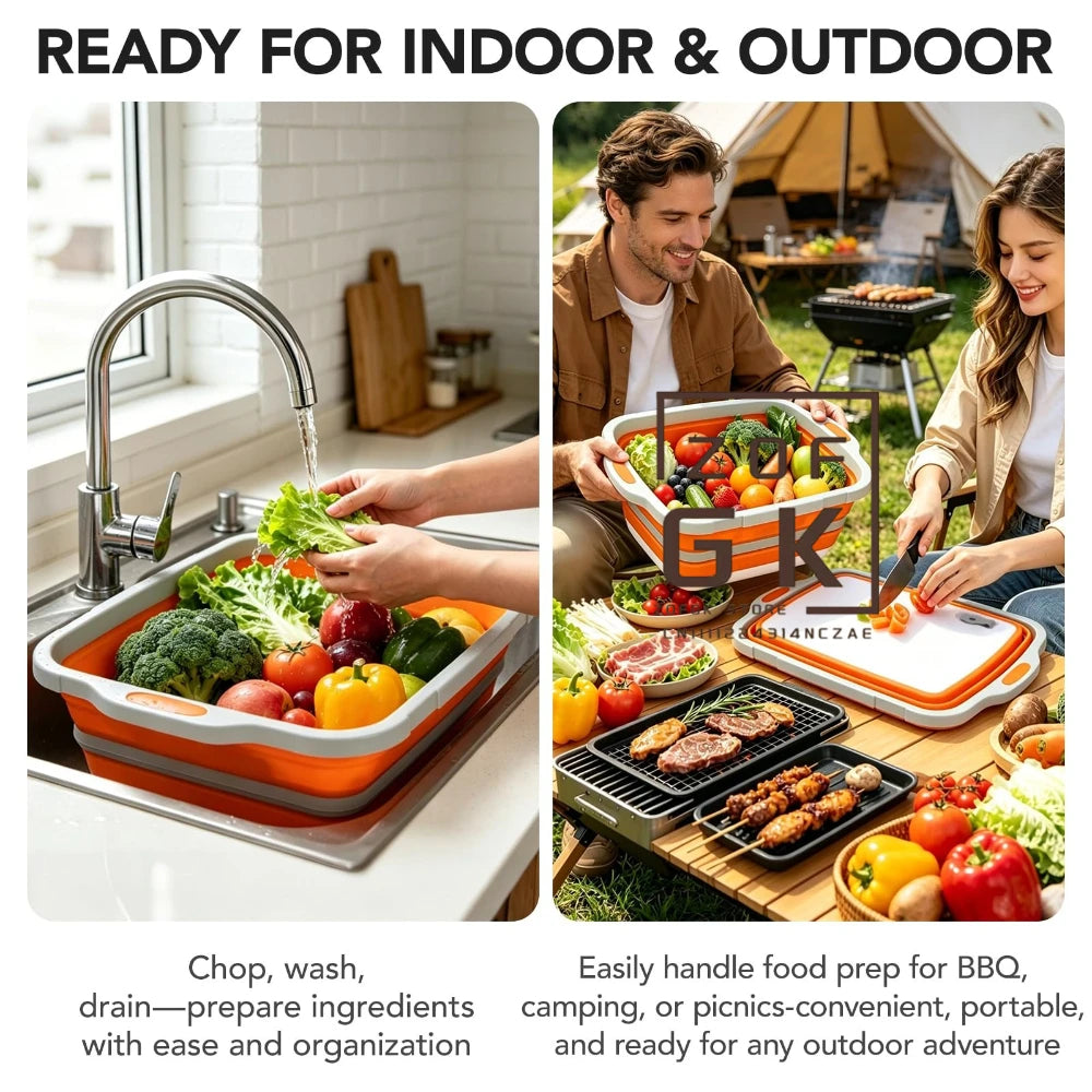 16L Collapsible Orange Food Prep Tub with Cutting Board Drain Plug for Camping BBQ and Outdoor Use