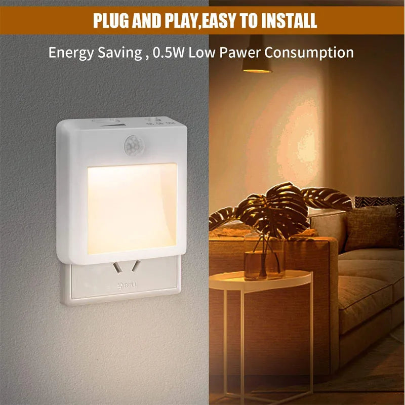AU Plug LED Motion Sensor Night Light Adjustable Brightness Warm and White Light