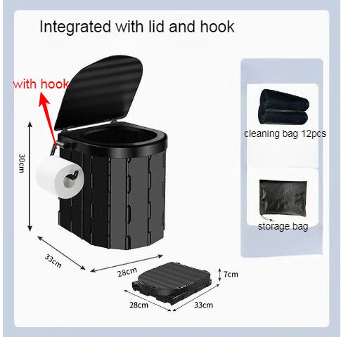 Portable Folding Bucket Toilet Seat Black With Lid and Hook Compact Outdoor Emergency Toilet for Camping Travel