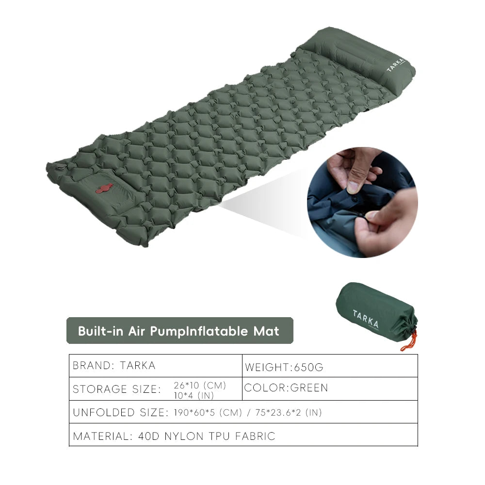 Inflatable Army Green Camping Mat with Built In Air Pump Pillow for Hiking Trekking Travel and Outdoor Use