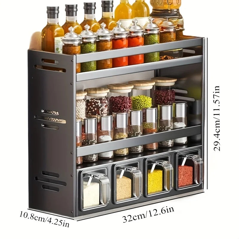 Multi Layer Kitchen Spice Rack Organizer with Storage Containers and Countertop Shelf 32cm
