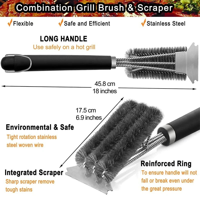 Stainless Steel Grill Cleaning Brush with Scraper and Deluxe Handle for BBQ
