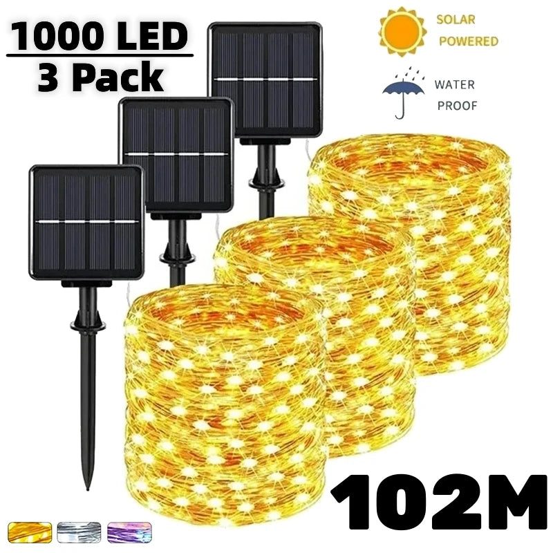 3 Piece 102m 1000 LED Solar Fairy String Lights Warm White Waterproof Outdoor Garden Party Lights