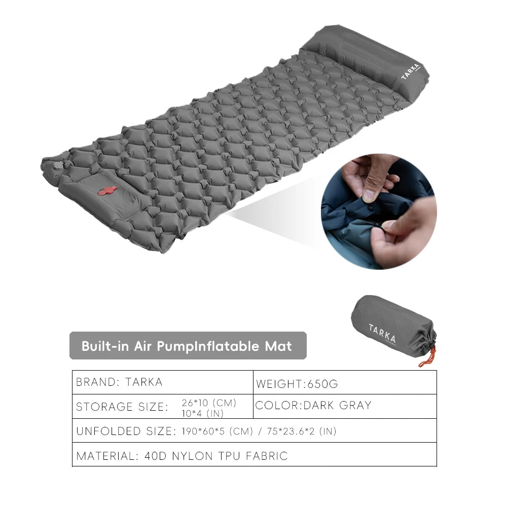 Inflatable Dark Gray Camping Mat with Built In Air Pump Pillow for Hiking Trekking Travel and Outdoor Use