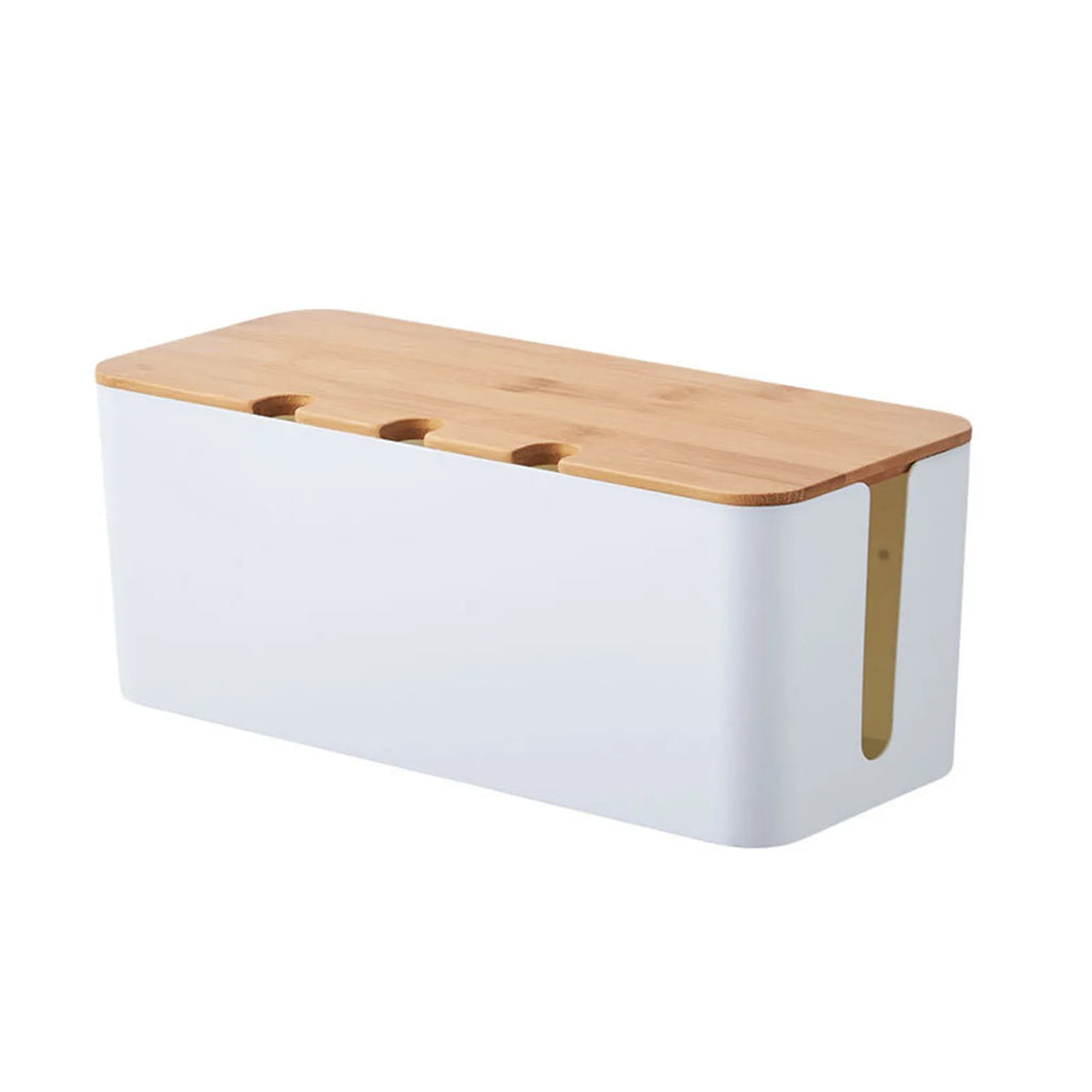 Small Cable Management Box White with Wooden Style Cover Cord Organizer