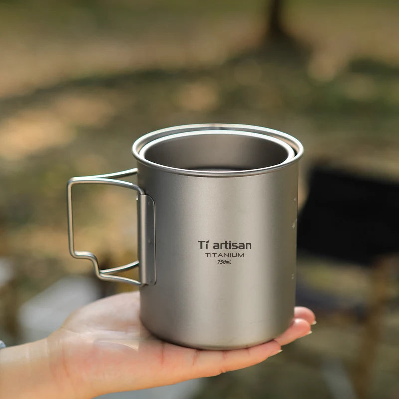 200ml Titanium Camping Mug Lightweight Portable Coffee Cup with Folding Handle and Lid for Outdoor Hiking