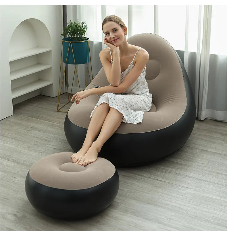 Inflatable Coffee Lazy Sofa Chair with Ottoman Foldable PVC Flocking Lounge Chair for Indoor Outdoor Use