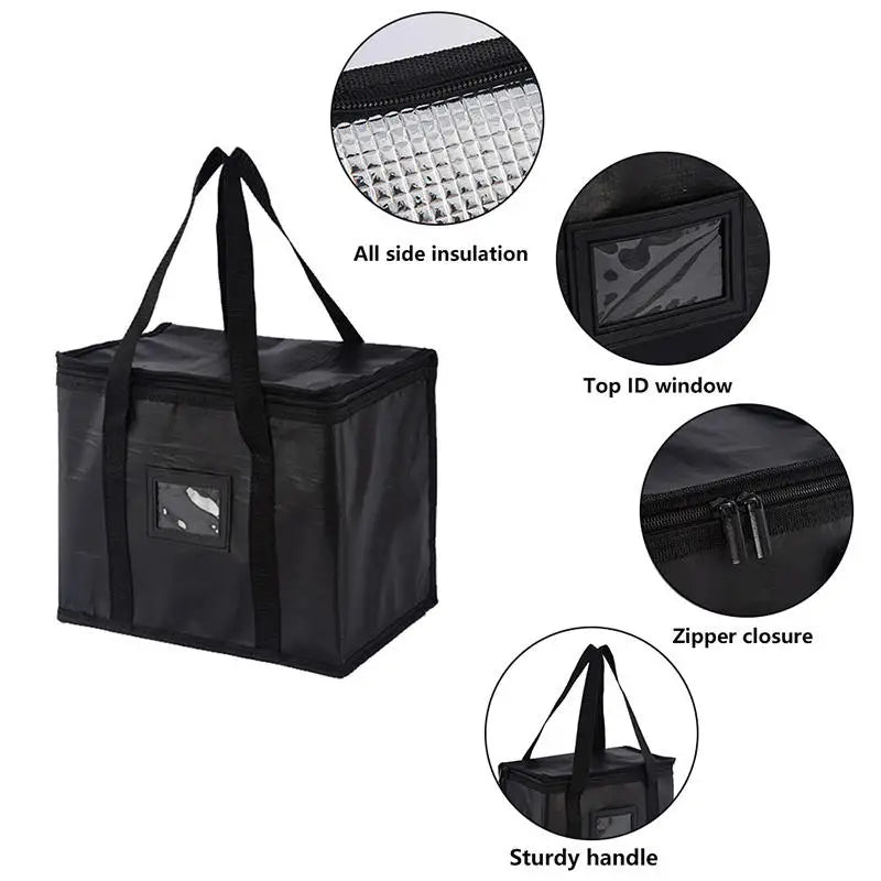 50L Insulated Food Delivery Bag Portable Thermal Cooler Carrier with Zipper Black