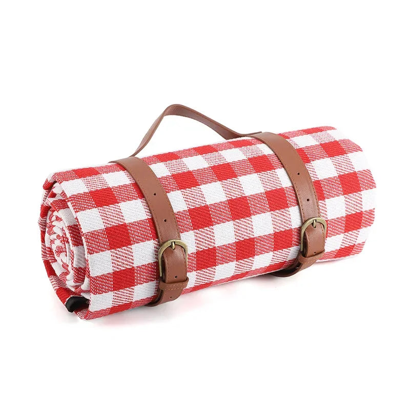 150x200cm Foldable Red White Picnic Blanket Waterproof Outdoor Mat with Leather Handle for Beach Camping Travel