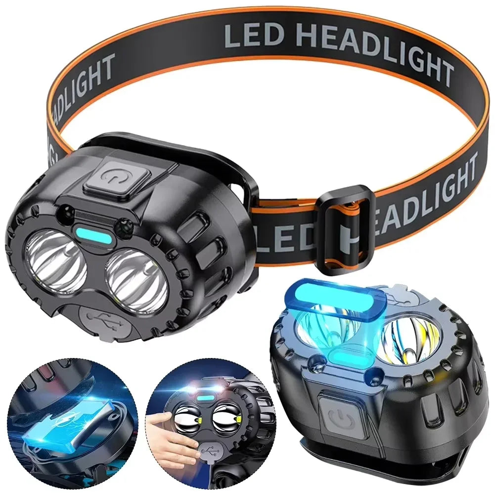 USB Rechargeable LED Headlamp 250LM with Motion Sensor IPX4 Waterproof for Camping Hiking