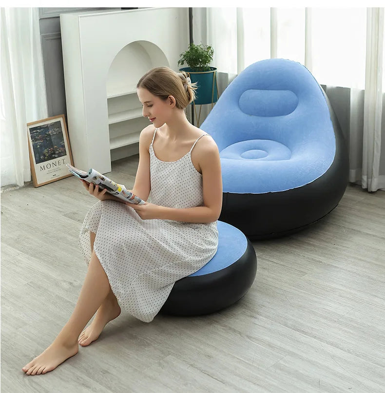 Inflatable Light Blue Lazy Sofa Chair with Ottoman Foldable PVC Flocking Lounge Chair for Indoor Outdoor Use