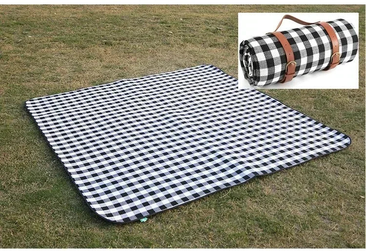 150x200cm Foldable White Plaid Picnic Blanket Waterproof Outdoor Mat with Leather Handle for Beach Camping Travel