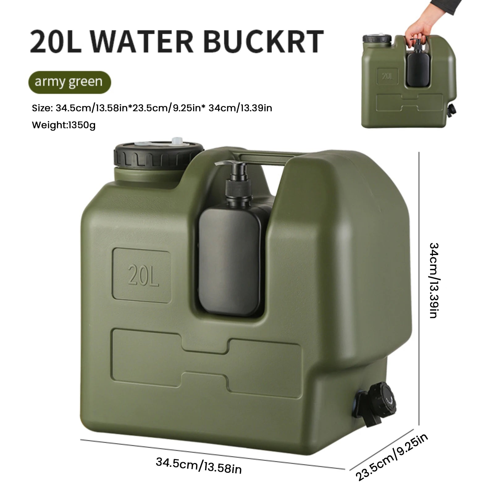 20L Portable Army Green Water Storage Tank with Spigot Soap Dispenser and Carry Handle