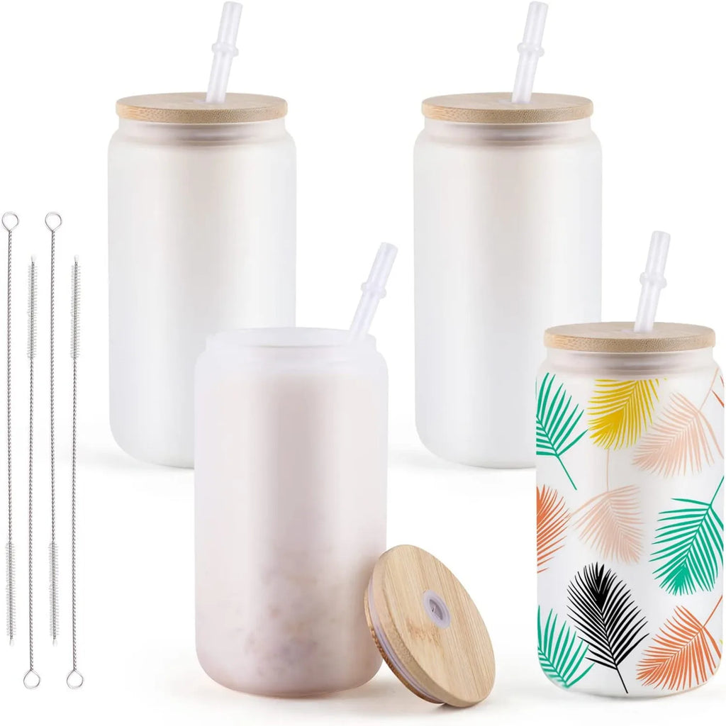 4 Piece 16oz Frosted Glass Tumblers with Bamboo Lid DIY Sublimation Cups Set