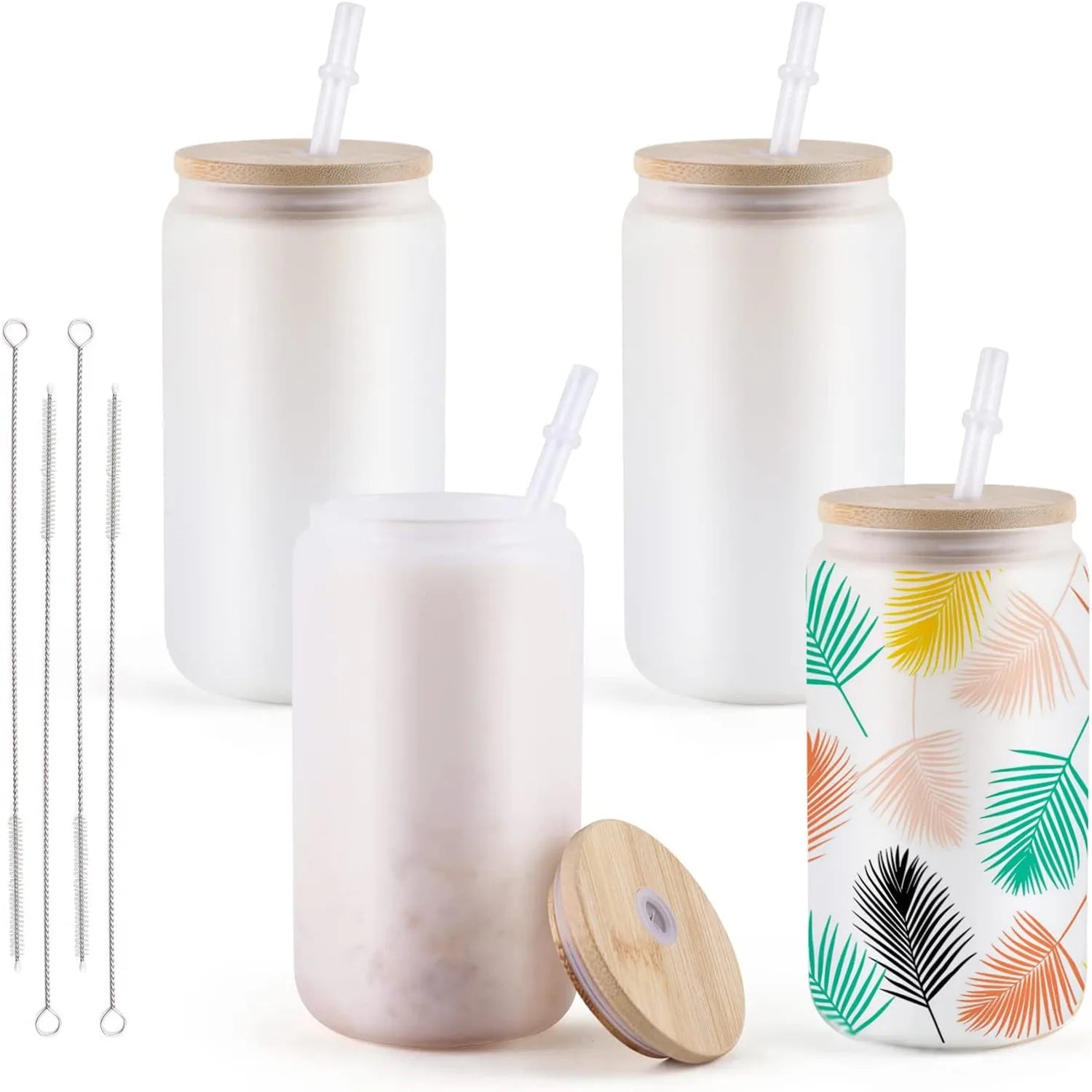 4 Piece 16oz Frosted Glass Tumblers with Bamboo Lid DIY Sublimation Cups Set