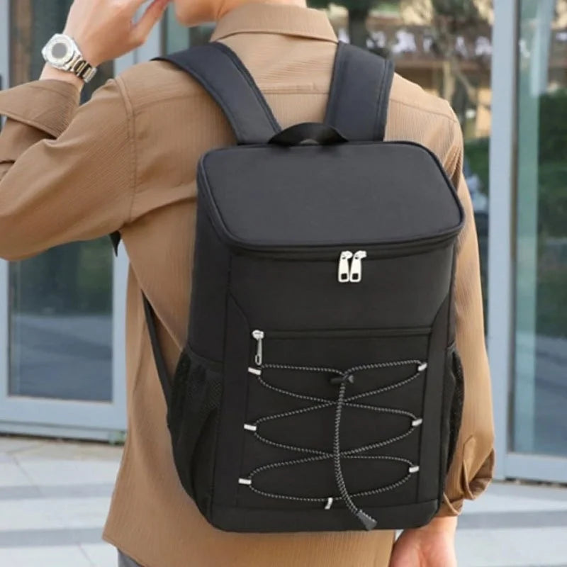 Large Capacity Black Insulated Backpack Lunch Bag with Multiple Compartments for Camping Picnics and Travel