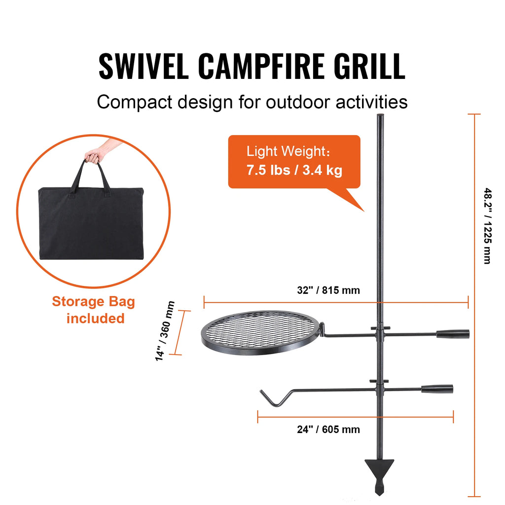 Portable Swivel Campfire Grill Rack Heavy Duty Steel Cooking Grate for Camping Picnic Beach