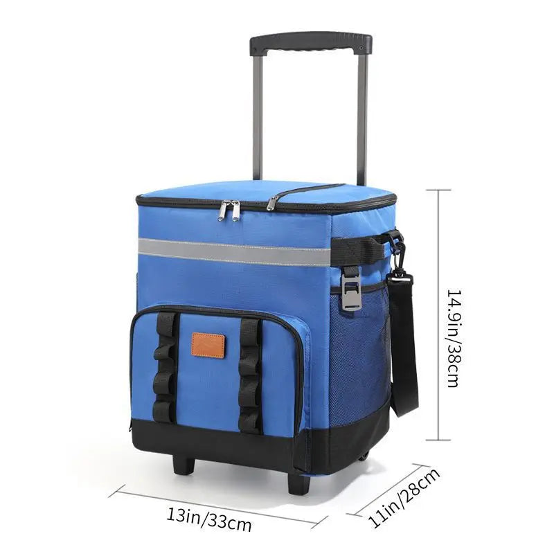 35L Portable Blue Rolling Cooler Bag with Wheels Telescopic Handle for Camping Picnic Beach and Travel
