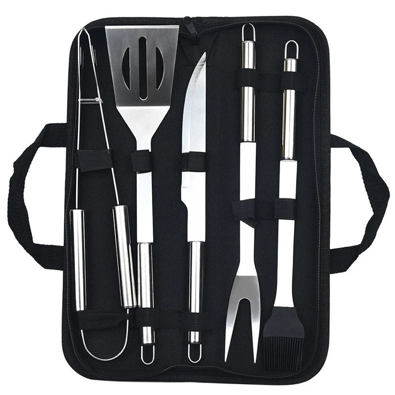 5 Piece BBQ Tool Set Stainless Steel Portable Barbecue Utensils with Storage Carry Bag for Outdoor Grilling
