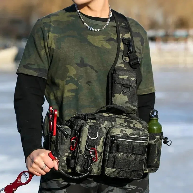 Fishing Tackle Backpack Dark Camouflage Sling Shoulder Bag with Rod Holder Multi Pocket Gear Storage Bag for Fishing and Outdoor Travel