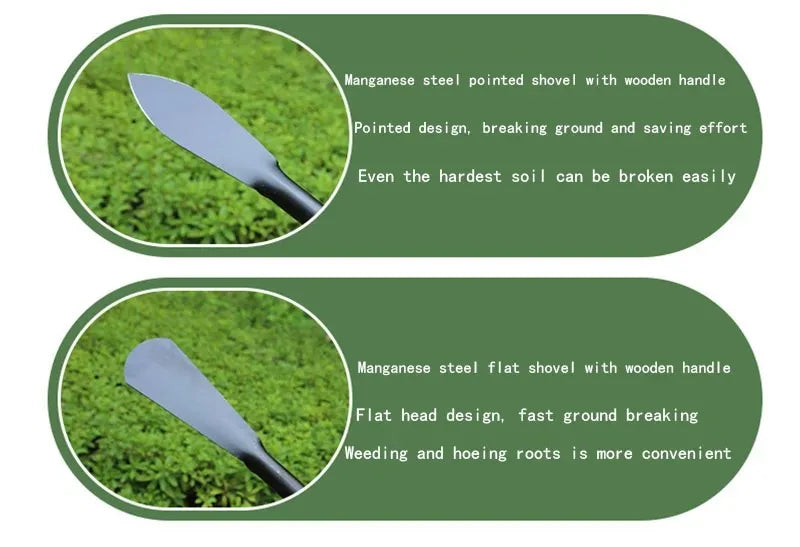 2 Piece Multifunctional Garden Shovel Manganese Steel Weeding Hoe Digging Tool with Wooden Handle