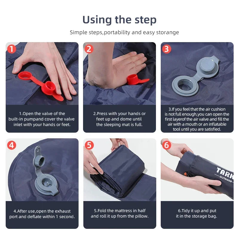 Inflatable Navy Blue Camping Mat with Built In Air Pump Pillow for Hiking Trekking Travel and Outdoor Use