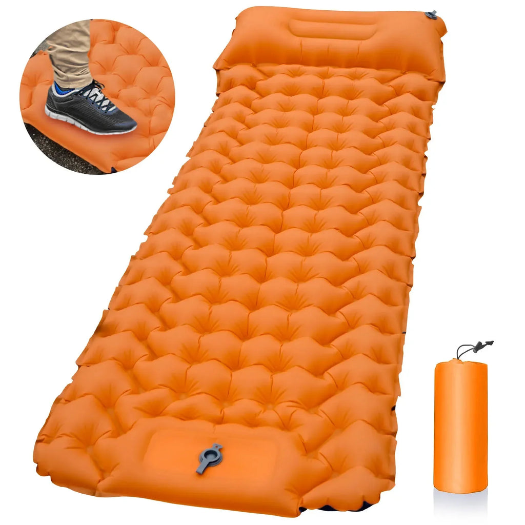 Ultralight Inflatable Orange Camping Sleeping Pad with Built-In Foot Pump and Pillow for Hiking Backpacking Travel
