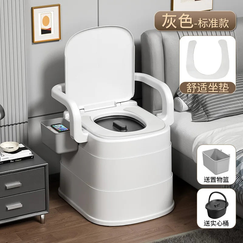 Portable Commode Chair Gray with Soft Seat Removable Bucket and Armrests for Home Care