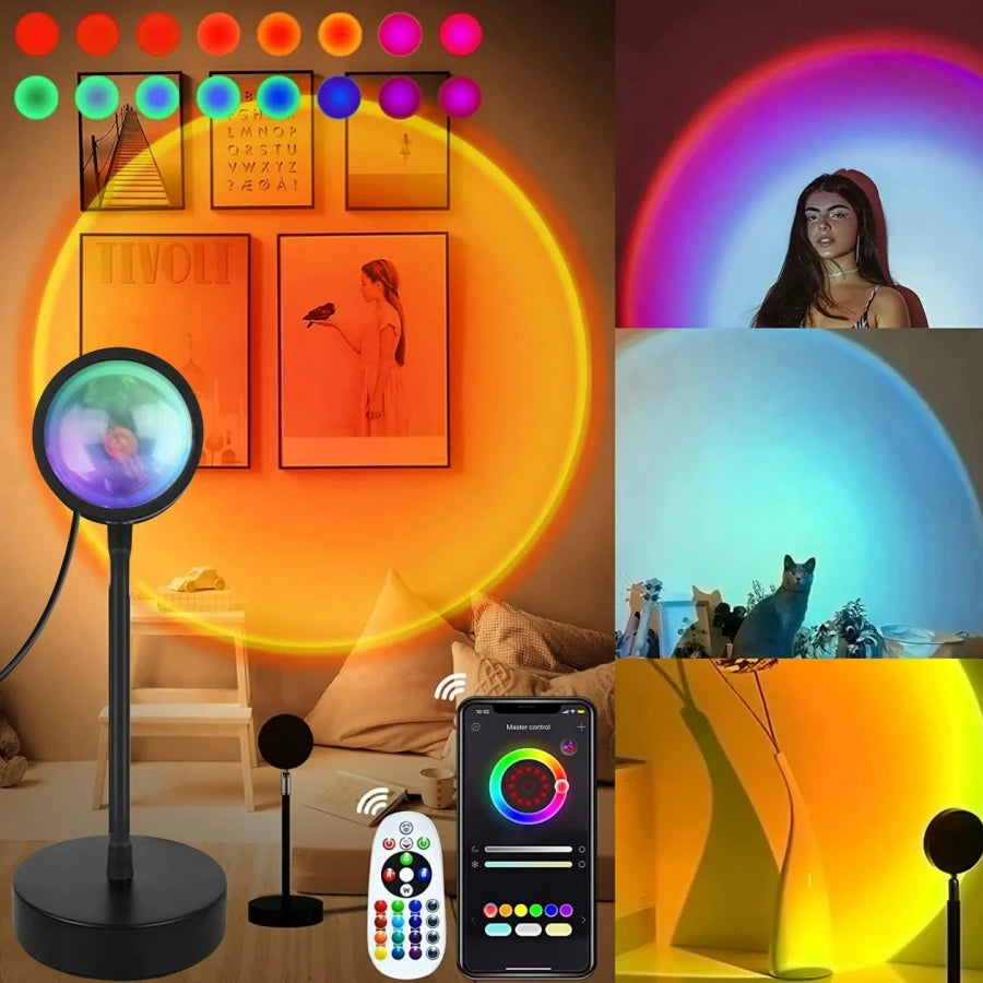 Smart RGB Sunset Projection Lamp with App Control Remote and USB Powered Mood Lighting